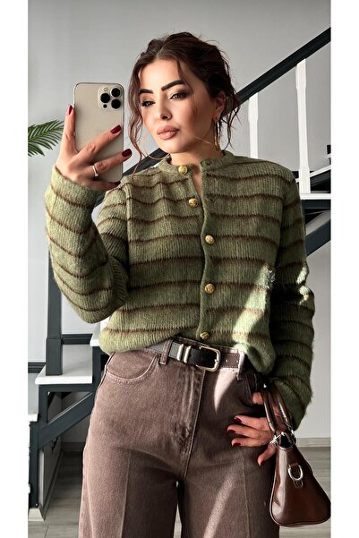 Oslove Khaki-Brown Striped Gold Button Cardigan