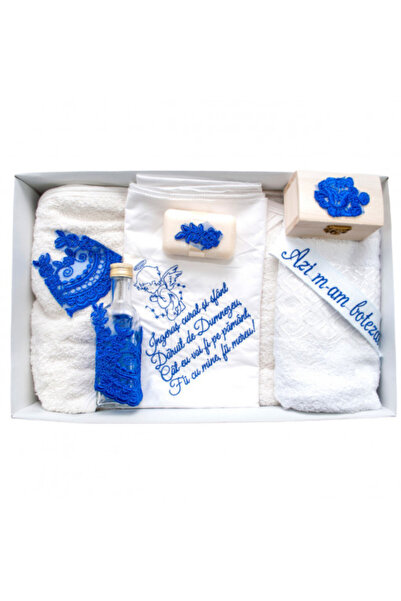 OEM Set botez 7 piese, alb-albastru, personalizat cu broderie albastră „Astăzi am fost botezat” - TPB