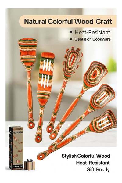 Generic Stylish Colorful Wooden Spoons for Cooking, 6 pcs Wood Kitchen Utensil Set | Heat-Resistant & Cool-