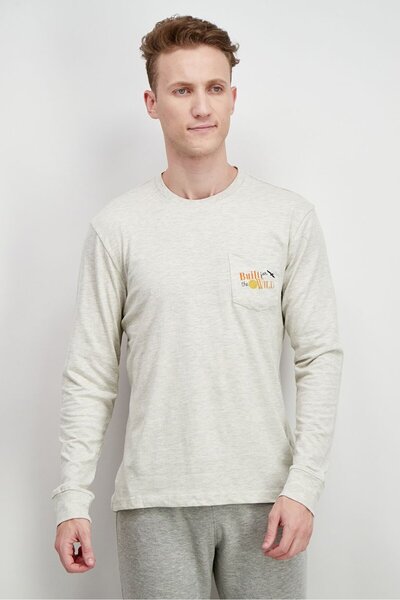 Chaps Men Crew Neck Long Sleeve Brand Logo T-shirt, Oatmeal Heather