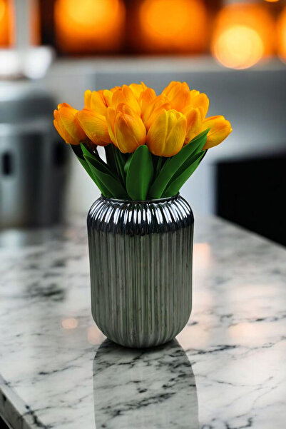 OznCicekTasarim YAPAY ÇİÇEK ISLAK LALE TURUNCU RENK 10 ' LU DİZAYN