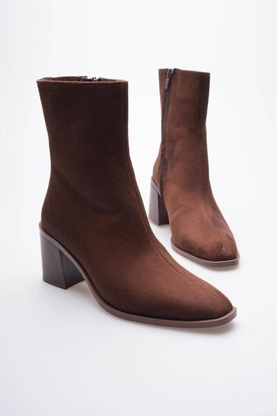 Mubiano Γυναικείες μπότες Arden καφέ σουέντ με χοντρό τακούνι με λεπτομέρεια με φερμουάρ (7 εκατοστά)