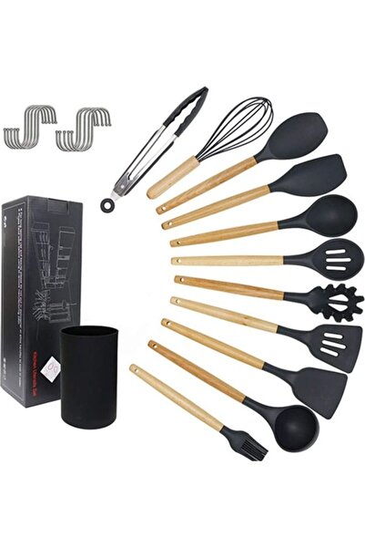 Generic مجموعة أدوات مطبخ XiuWoo من 11 قطعة بمقبض خشبي من السيليكون مع حامل و...