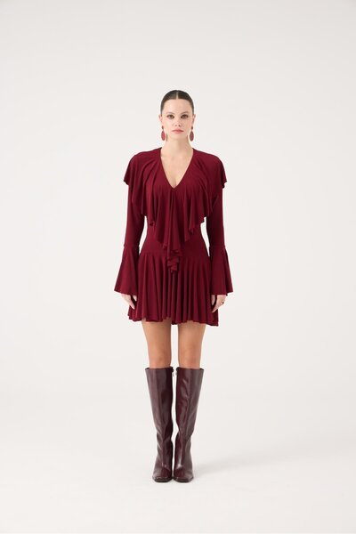 HOLLY LOLLY Ruffled Mini Yolanthe Dress Burgundy