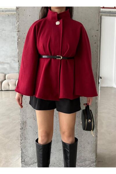 maf collection Women's Burgundy Turtleneck Button Detail Belted Poncho