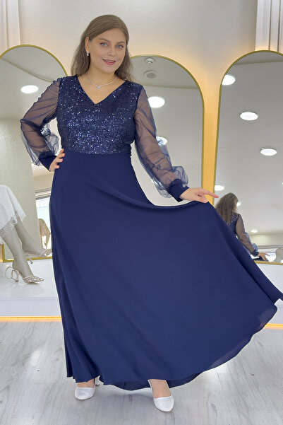 the ZKS Women's Transparent Sleeve Sequin Plus Size Evening Dress Green, Cobalt , Black, Navy Blue