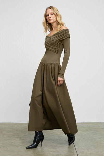 GRIMELANGE Fruendo Women's Asymmetrical Collar Top with Flexible Fabric Skirt Poplin Long Khaki Dress