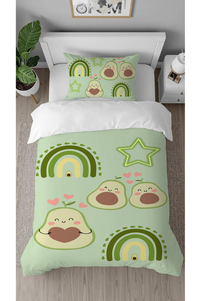 GREENDECOR Avocado Love Heart Rainbow Green Patterned Printed Specially Designed Stylish Children's Duvet Cover Set Without Sheets
