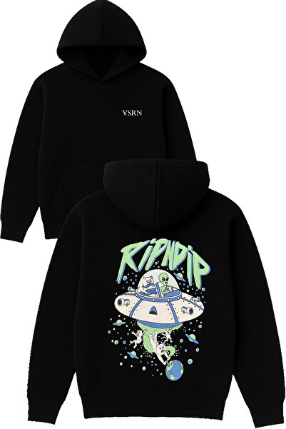 VSRN رينديب ديزاين مطبوع قصة فضفاضة سويت شيرت أسود بغطاء رأس