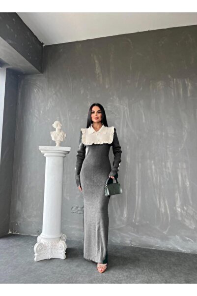GİYSİ DÜNYASI 57 Triko Fabric Pola Collar Full-Length Dress