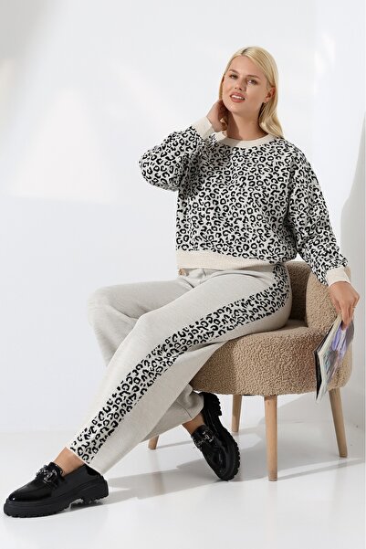 aytenli Round Neck Fits up to Size S XL Standard Size Leopard Print Knitwear Sweater Pants Practical Set