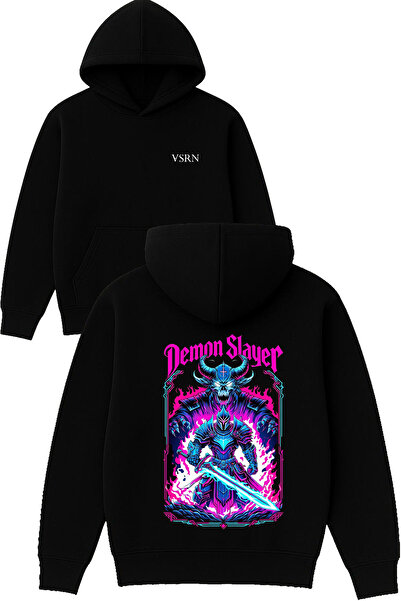 VSRN تصميم قاتل الشياطين مطبوع قصة فضفاضة سويت شيرت أسود بغطاء رأس