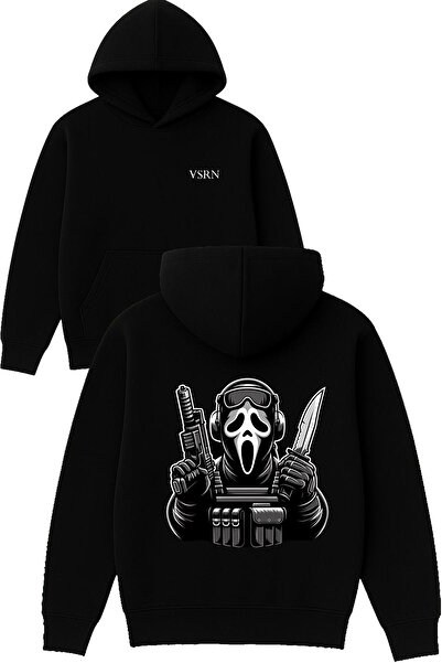 VSRN Ghost Commando Design Printed Oversized Black Hooded Sweatshirt