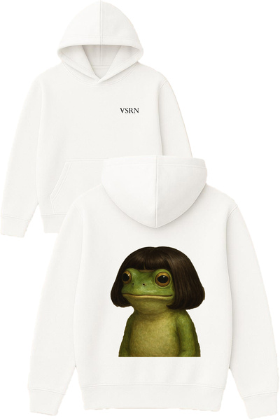 VSRN تصميم الضفدع الجميل الحلو مطبوع قصة فضفاضة سويت شيرت أبيض بغطاء رأس