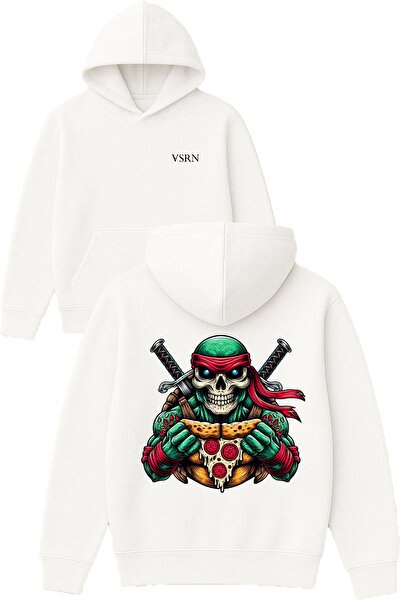 VSRN تصميم وحش البيتزا مطبوع قصة فضفاضة سويت شيرت أبيض بغطاء رأس
