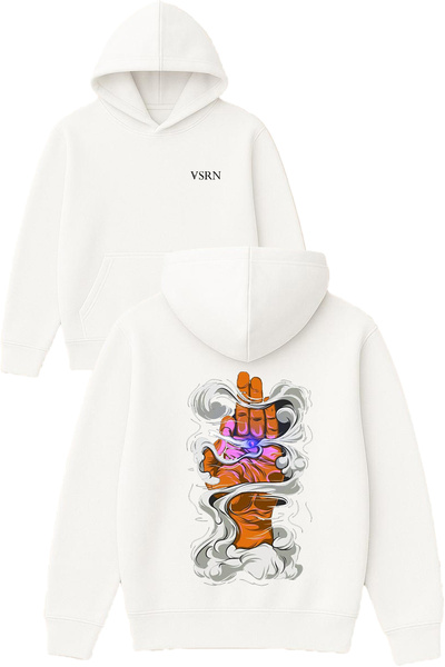 VSRN تصميم دخاني مطبوع قصة فضفاضة سويت شيرت أبيض بغطاء رأس