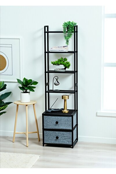 Bye Concept More DEKORATİF SİYAH METAL KİTAPLIK 5 RAFLI 2 ÇEKMECELİ KOMİDİN Ç...