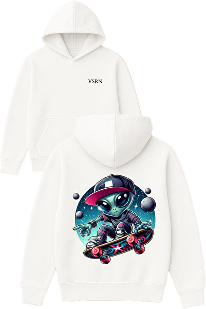 VSRN Hanorac cu glugă alb supradimensionat cu imprimeu Design Alien Skateboarder