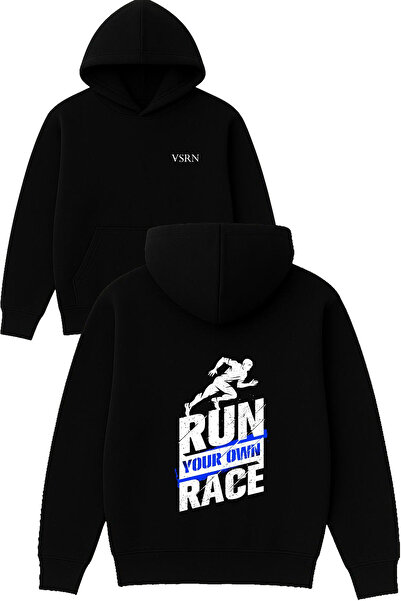 VSRN قم بتشغيل سويت شيرت win Design مطبوع قصة فضفاضة Black بغطاء رأس الخاص بك