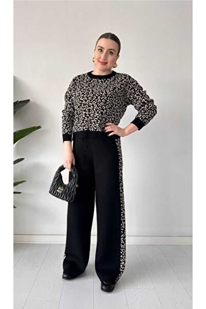 aytenli Round Neck Fits up to Size S XL Standard Size Leopard Print Knitwear Sweater Pants Practical Set