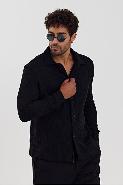 İLKCET MODA Черна жакардова мъжка риза с редовни мотиви