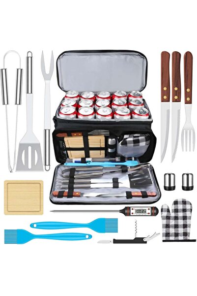 buz Set de 15 ustensile pentru grătar din oțel inoxidabil, cu geantă frigorif...