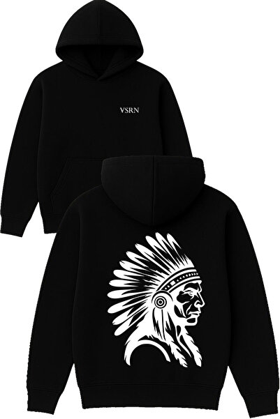 VSRN Hanorac negru supradimensionat cu glugă, imprimat cu design tribal indiyan