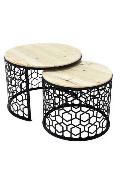 buz Round coffee table set, 2-piece, with wooden top, extendable