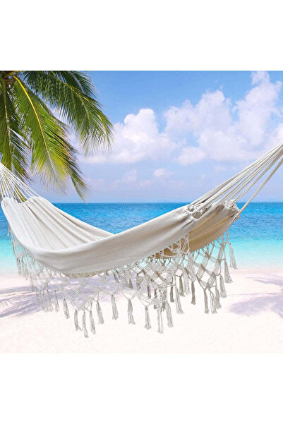 buz Double Cotton Hammock with Fringes, Carrying Pouch and Ropes, 200 x 150 cm