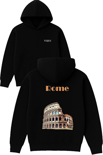 VSRN سويت شيرت روما ديزاين مطبوع قصة فضفاضة أسود بغطاء رأس