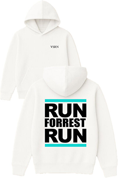 VSRN Hanorac alb supradimensionat cu glugă, cu imprimeu text „run forrest run”