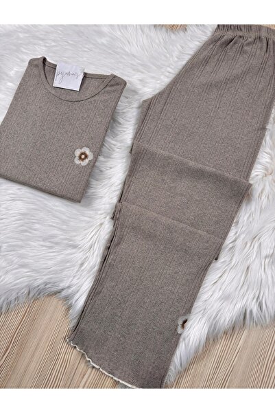 Pijamacs Mink Cotton Collar and Leg Flower Detail Lace-Like Knit /Perforated Long Sleeve Pajama Set