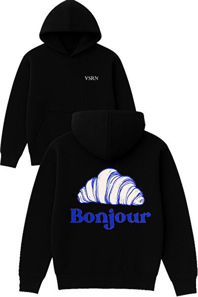 VSRN بلوزة بونجور ديزاين مطبوع قصة فضفاضة سوداء بغطاء رأس