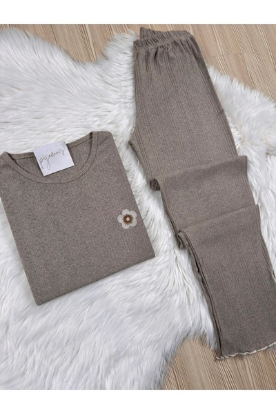 Pijamacs Mink Cotton Collar and Leg Flower Detail Lace-Like Knit /Perforated Long Sleeve Pajama Set