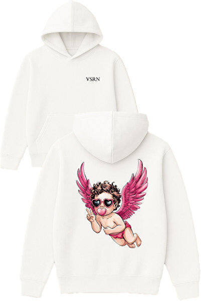 VSRN Hanorac alb supradimensionat cu glugă, imprimat cu design Love with Wings