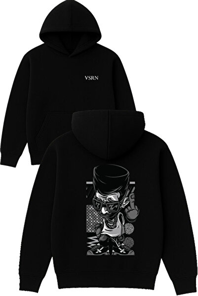 VSRN Hanorac negru supradimensionat cu glugă, cu imprimeu fck rapper Design