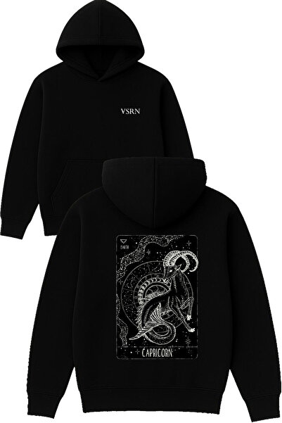 VSRN Hanorac negru supradimensionat cu glugă, imprimat cu design Capricorn