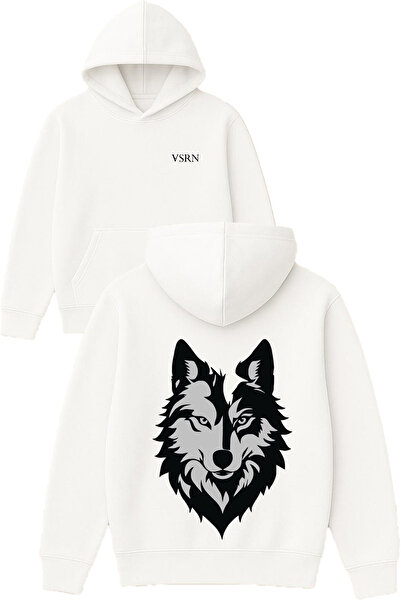 VSRN Grey Black Wolf Design Printed Oversized White Hooded Sweatshirt