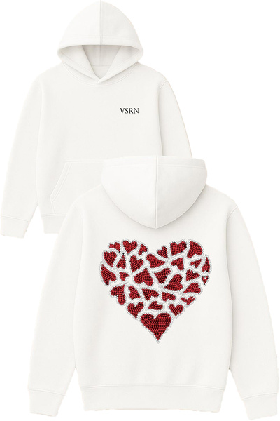 VSRN تصميم قلب من الألماس مطبوع قصة فضفاضة سويت شيرت أبيض بغطاء رأس