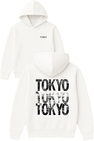 VSRN tokyo tokyo tokyo Hanorac alb supradimensionat cu glugă și imprimeu de d...