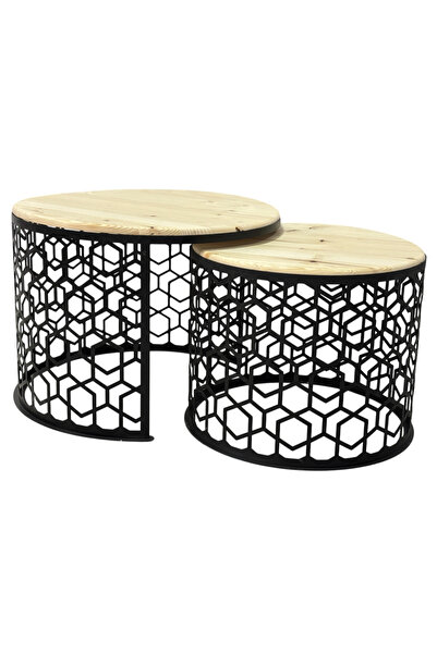 buz Set de măsuțe de cafea rotunde, 2 piese, cu blat din lemn, extensibile