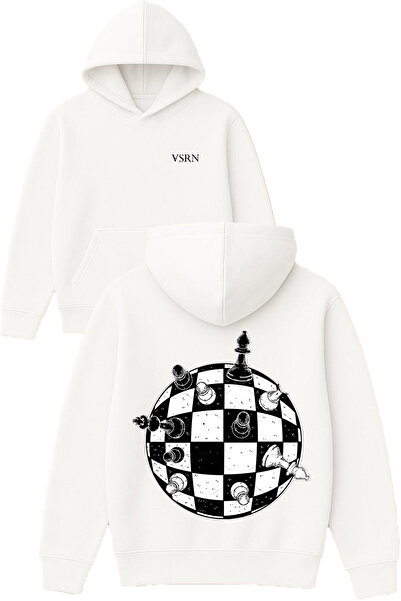 VSRN تصميم الشطرنج العالمي مطبوع قصة فضفاضة سويت شيرت أبيض بغطاء رأس