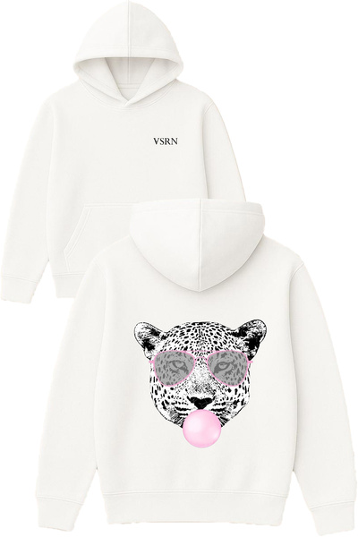 VSRN Hanorac alb supradimensionat cu glugă, cu imprimeu Gummy Leopard Design