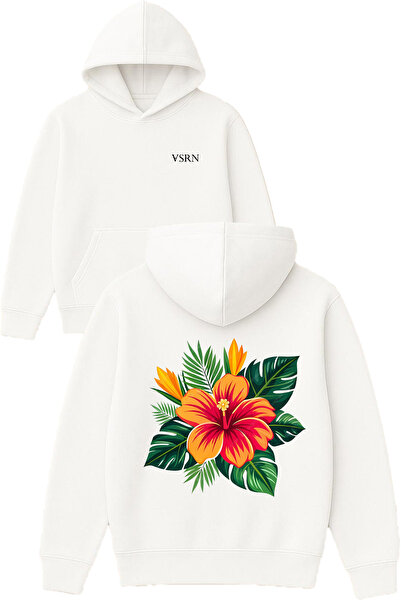 VSRN Hanorac alb supradimensionat cu glugă, cu imprimeu cu design floral