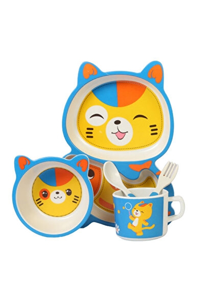 buz Set de veselă pentru copii din fibră de bambus - farfurie cu 2 compartimente, cană, bol, furculiță și lingură, în formă de pisică