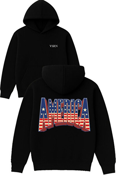 VSRN america Design مطبوع قصة فضفاضة سويت شيرت أسود بغطاء رأس