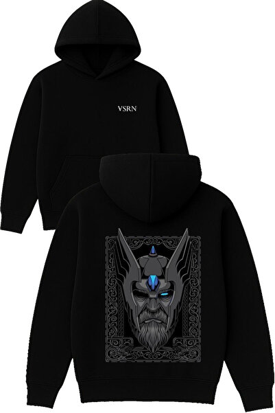 VSRN Odin Design Printed Oversized Black Hooded Sweatshirt