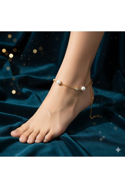 BANEDETTA New Season Row Motif Trend Steel Anklet with Pearl and Zircon Stone