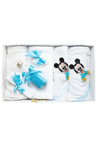 OEM Set botez 7 piese - Mickey Mouse brodat - Alb-Turcoaz - TPB-42