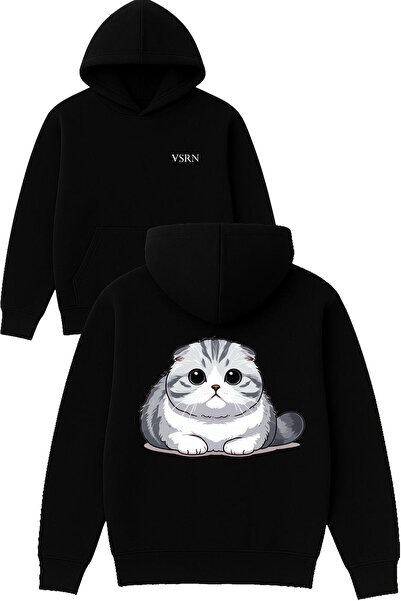 VSRN Hanorac negru supradimensionat cu glugă, cu imprimeu British Cat Design